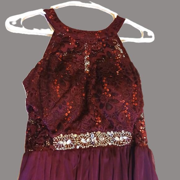 BCX Womens Short Party Dress/ Burgandy/Chiffon, Lace, Sequins/Jr Size 1 - Picture 2 of 9